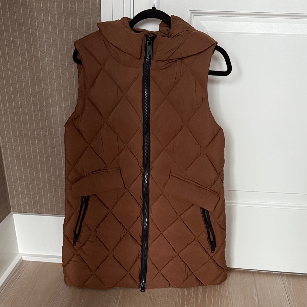 Sam Edelman Long Cognac Brown Quilted Sleeveless Hooded Vest